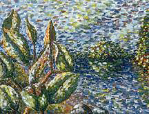 Impressionist lake landscape painting.